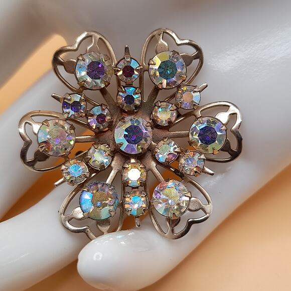 Vintage Aurora Borealis Floral Brooch, 1 1/2" Gold Tone, 1950s Vintage Jewelry - Picture 3 of 9